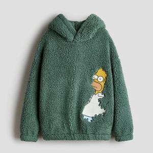 NWT H&M Kid's Homer Simpson Meme Embroidered-detail Teddy Fleece Hoodie Green